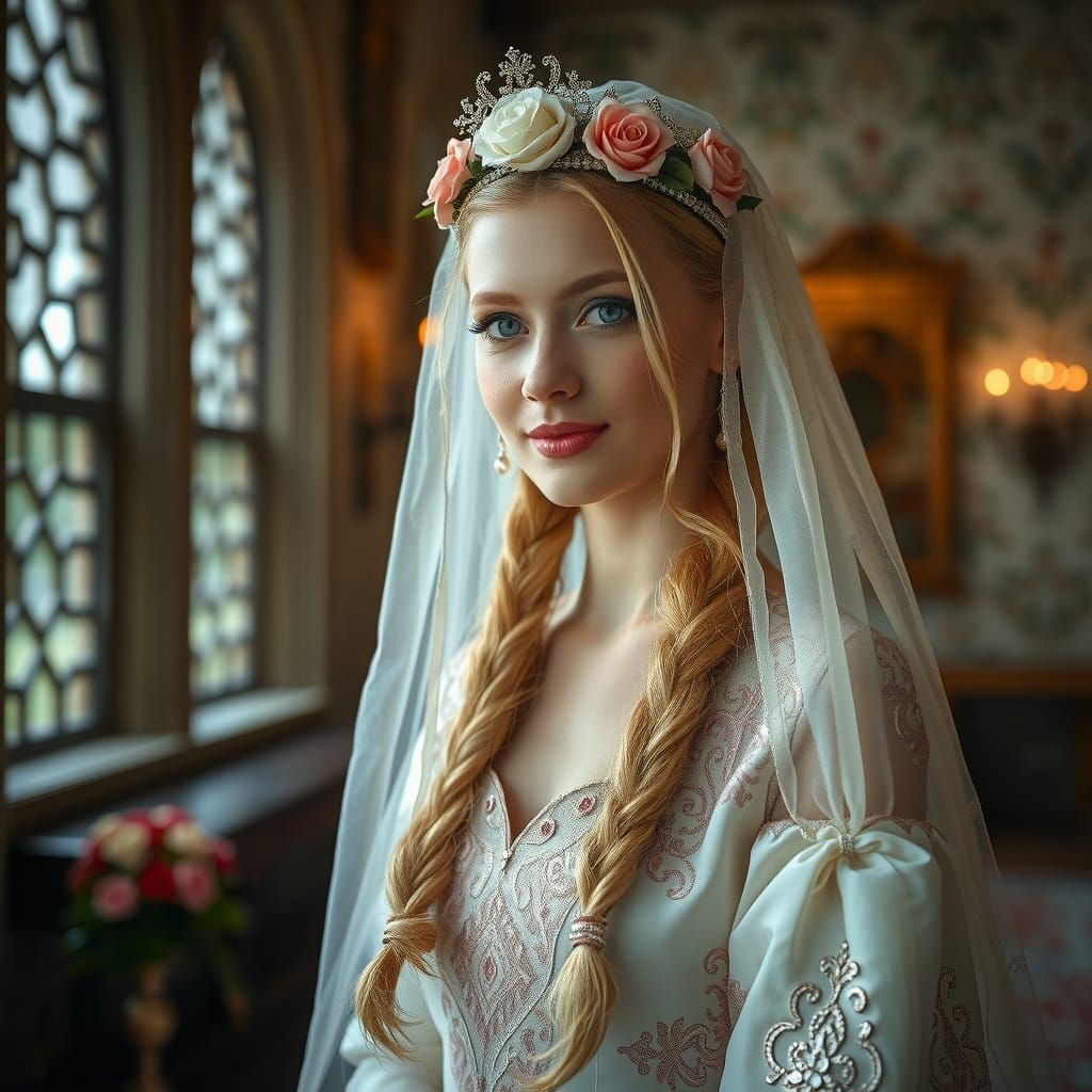 Young Princess with Braids in Castle Interior