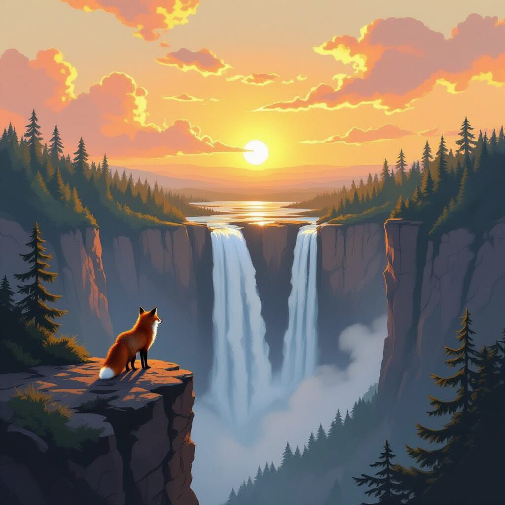 Fox at Waterfall in Golden Light, Painterly Style
