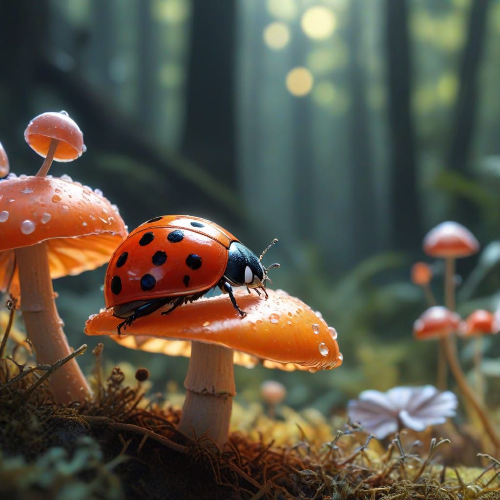 Ethereal Ladybug on Glowing Mushroom in Pastel Forest