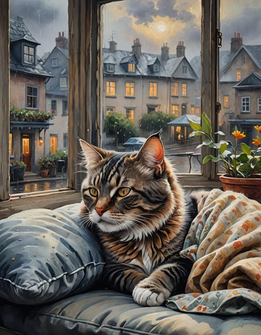 Cute Cat Sleeping: Moody Oil Painting