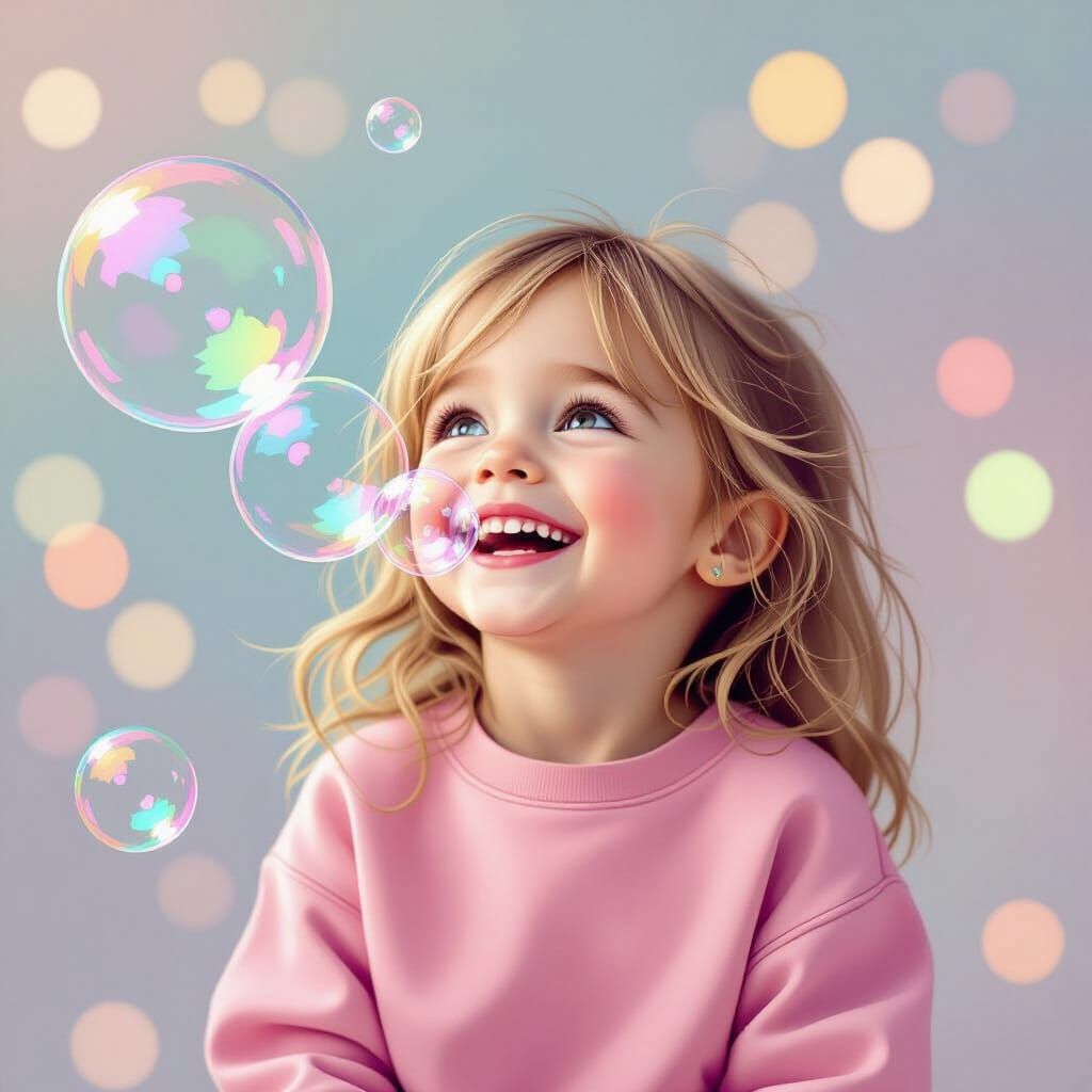 Girl Giggles Shimmering Pink Bubbles in Dreamy Bokeh