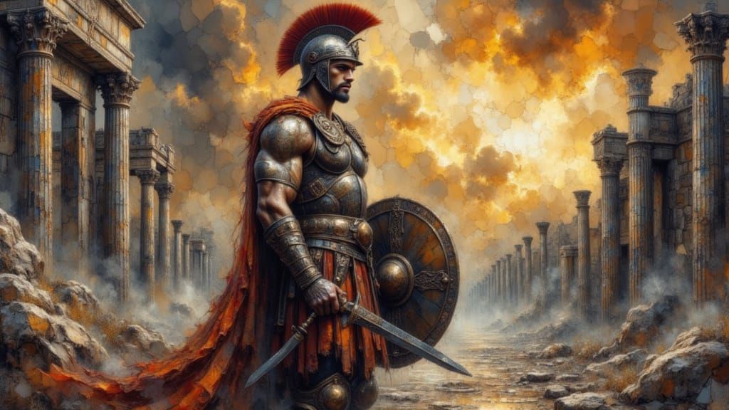 Muscular Roman Soldier in Grunge Oil Style
