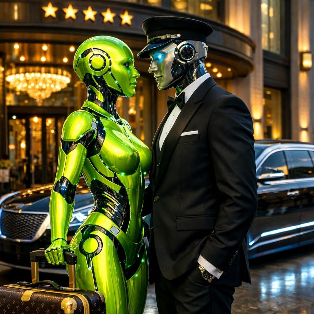 Lime Green AI Robot Meets Driver at Luxury Hotel