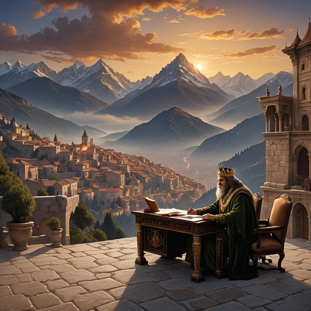 Mediterranean King Contemplates Misty Mountains at Sunset