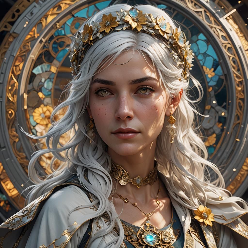 White-Haired Woman with Jasmine Headband in Art Nouveau Styl...