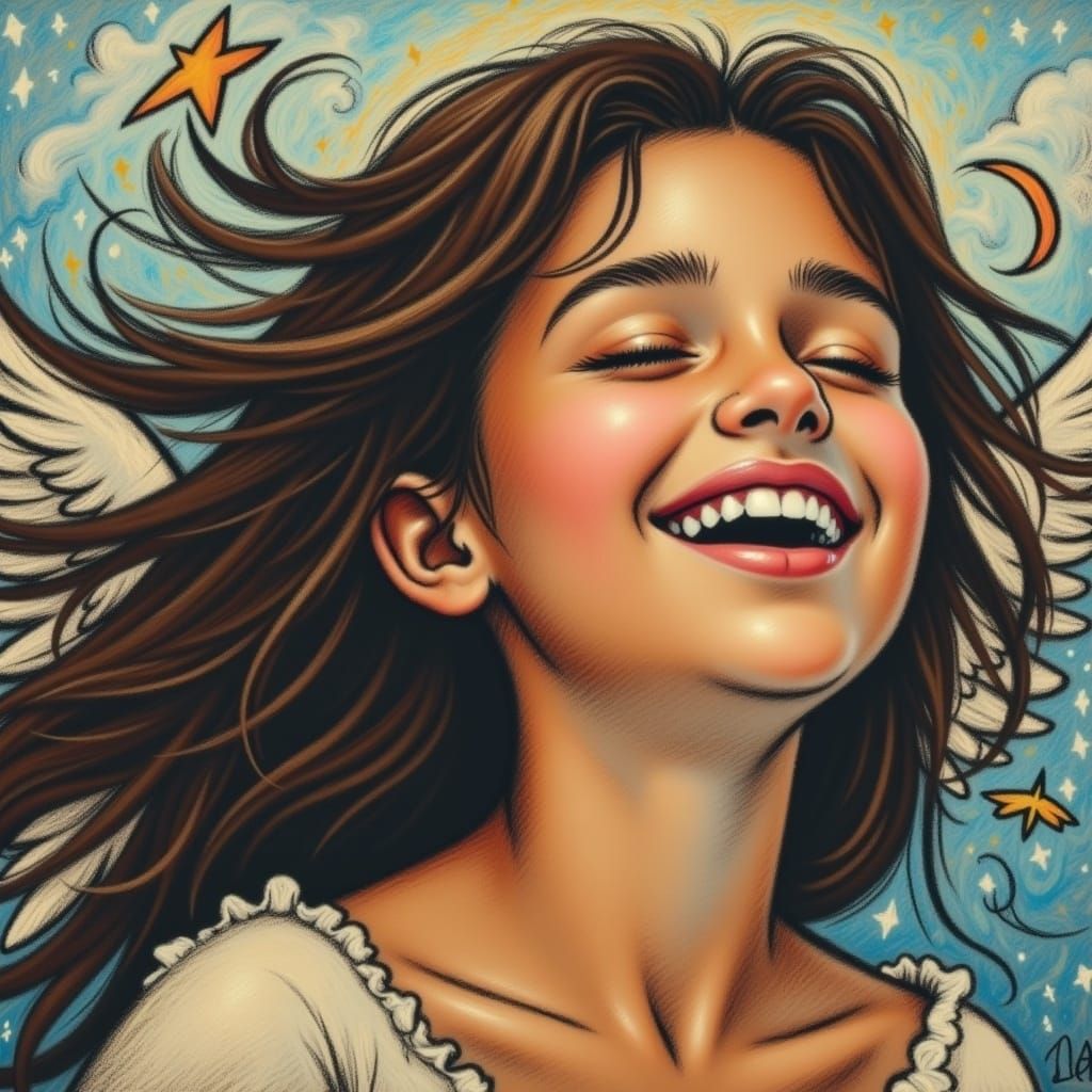 Person Laughing in Gentle Breeze with Pastel Colors