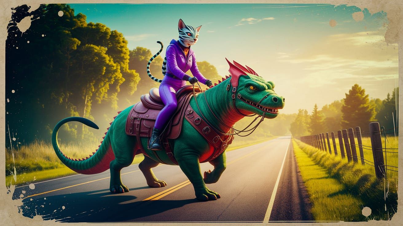 Vintage-Style Feline Alien Rides Komodo Dragon Down Country ...