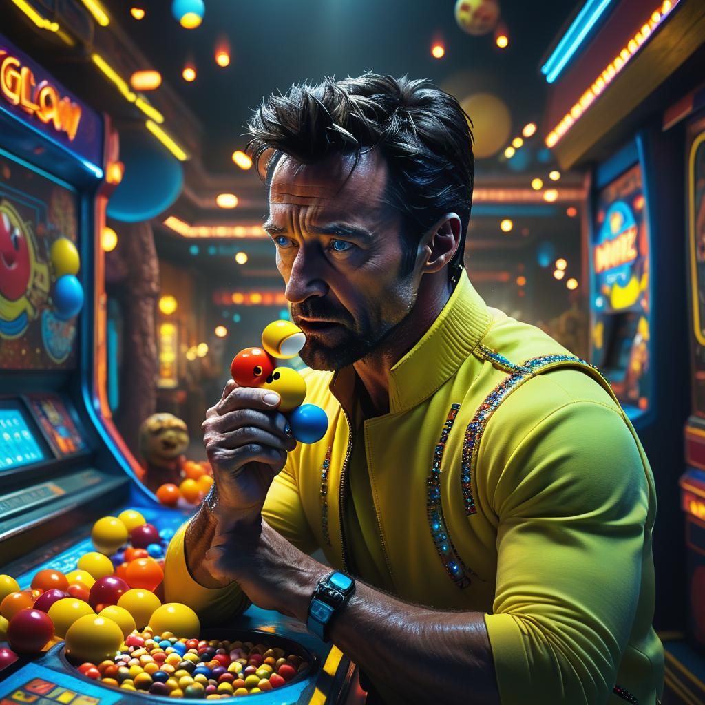 Pac-Man Portrait in Neon-Lit Arcade, Fantasy Concept Art