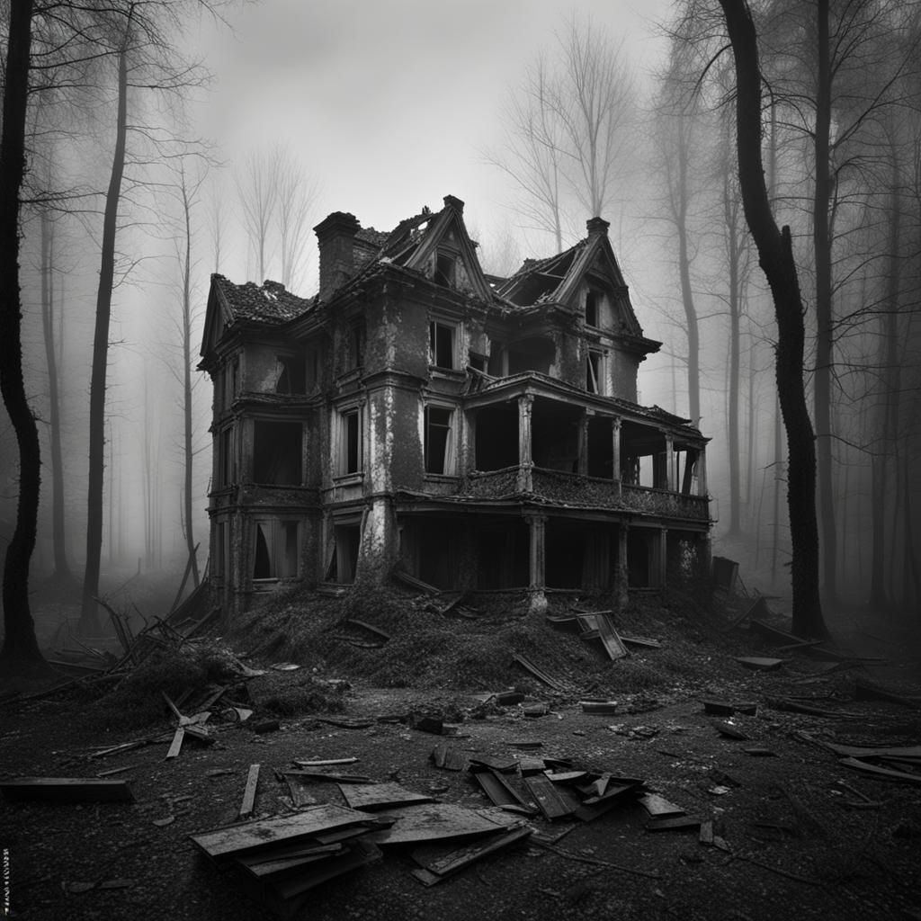 Abandoned House in Foggy Forest: Black and White