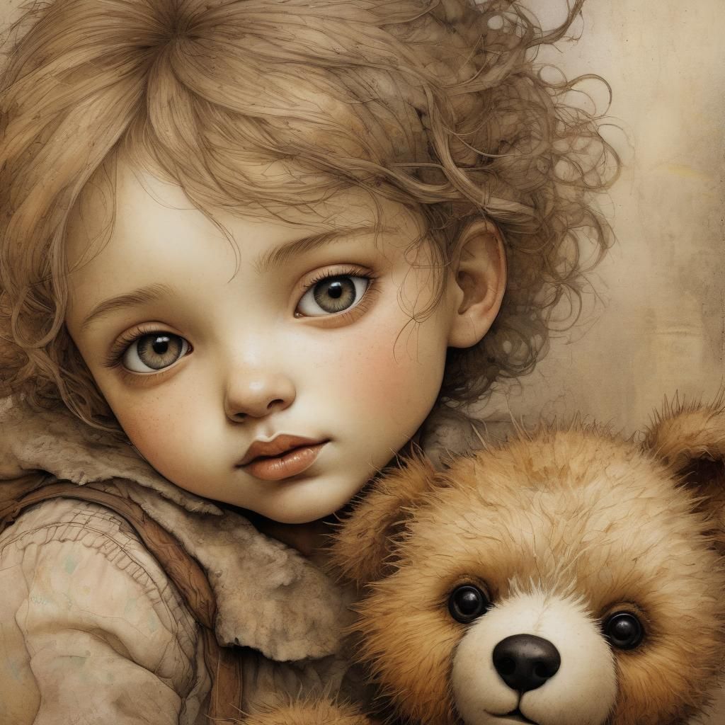 Child Snuggling Teddy Bear in Whimsical Illustration