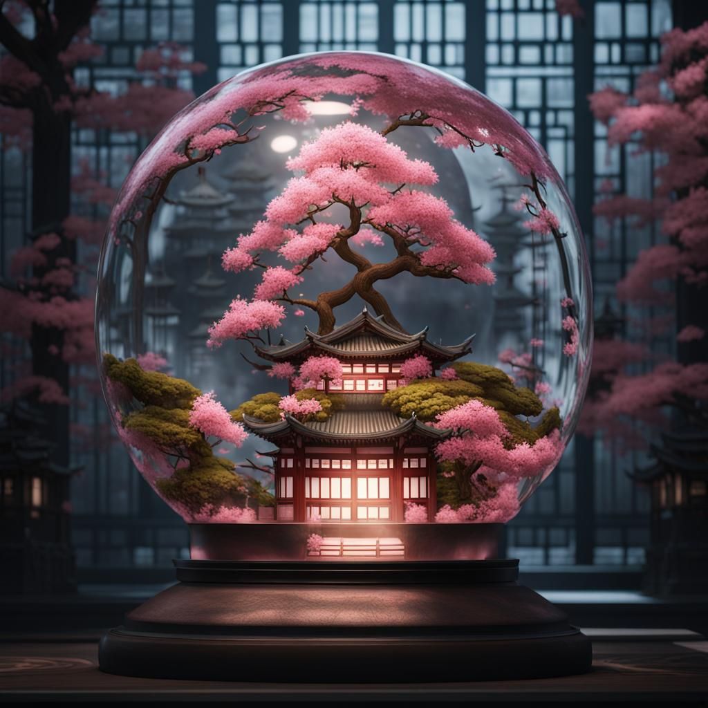 Blooming Sakura Tree in Snow Globe