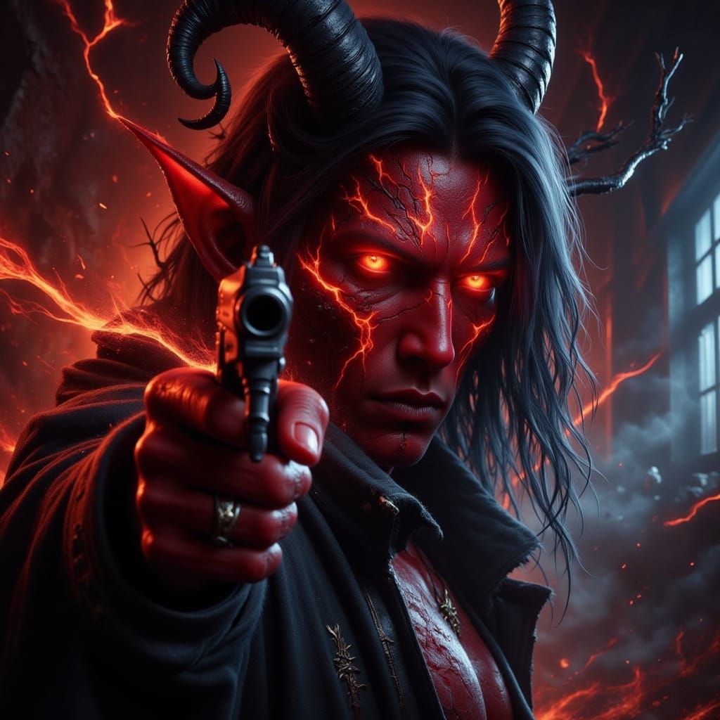 Ominous Tiefling Gunslinger with Glowing Cracks