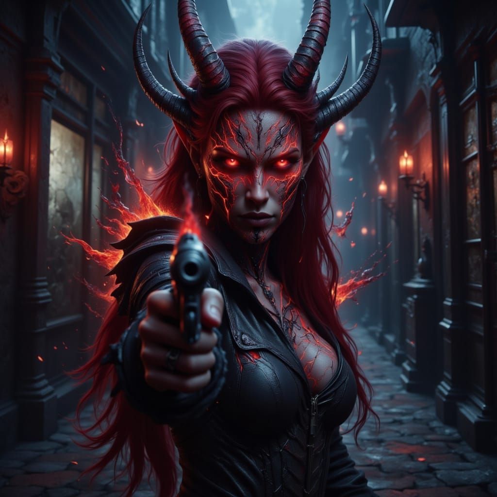 Tiefling Gunslinger in Dark Fantasy Concept Art Style