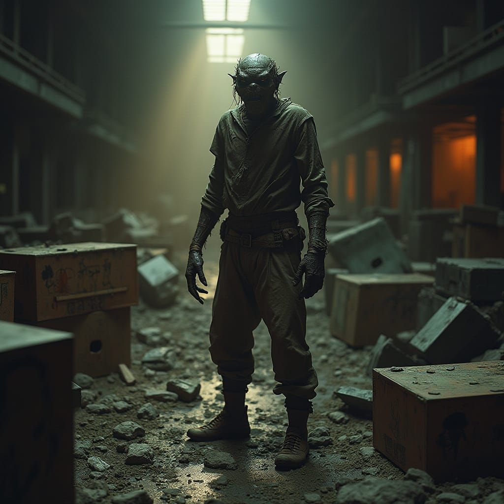 Grotesque Monster in Ransacked Warehouse at Dusk