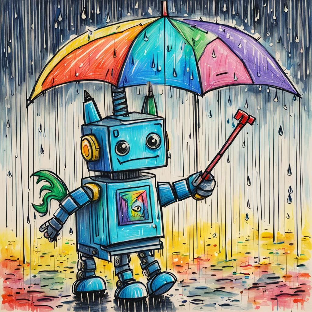 Robotic Unicorn with Umbrella, Kid's Crayon Art