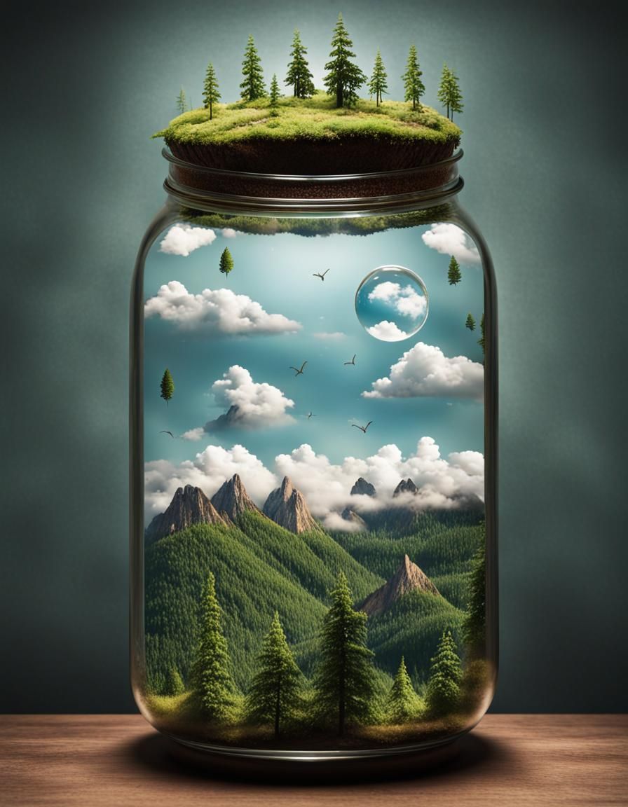 Forest and Mountain Landscape Inside a Jar