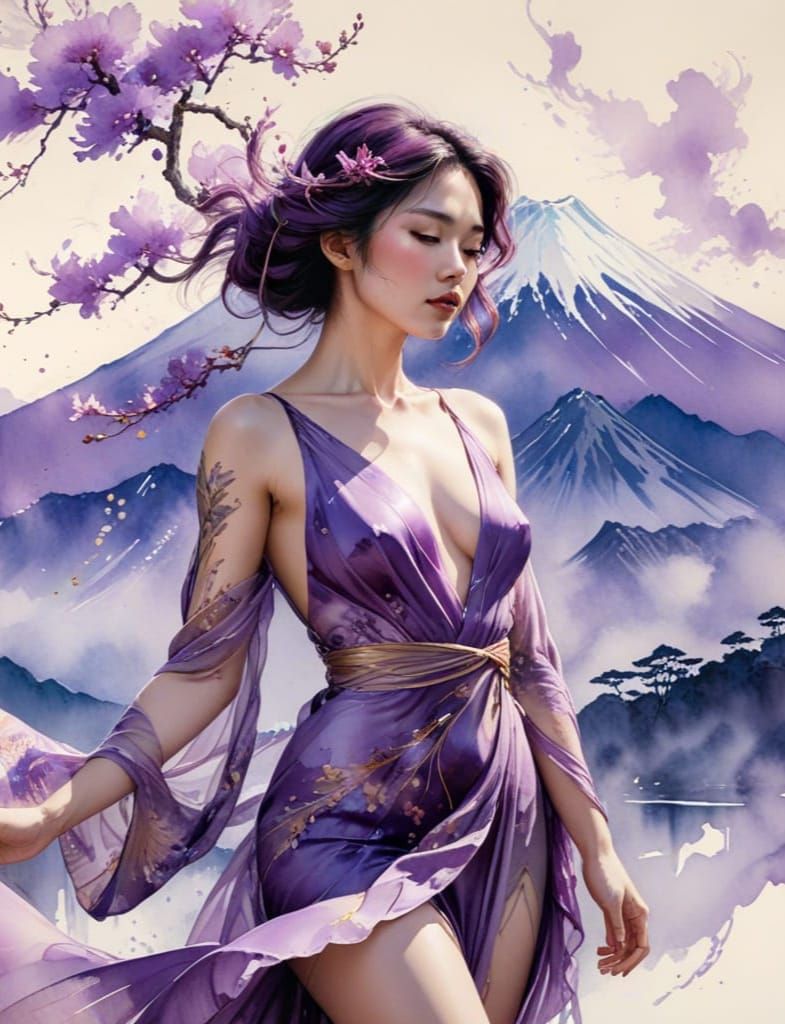 Glamorous Asian Woman in Amethyst Silk Dress with Mount Fuji