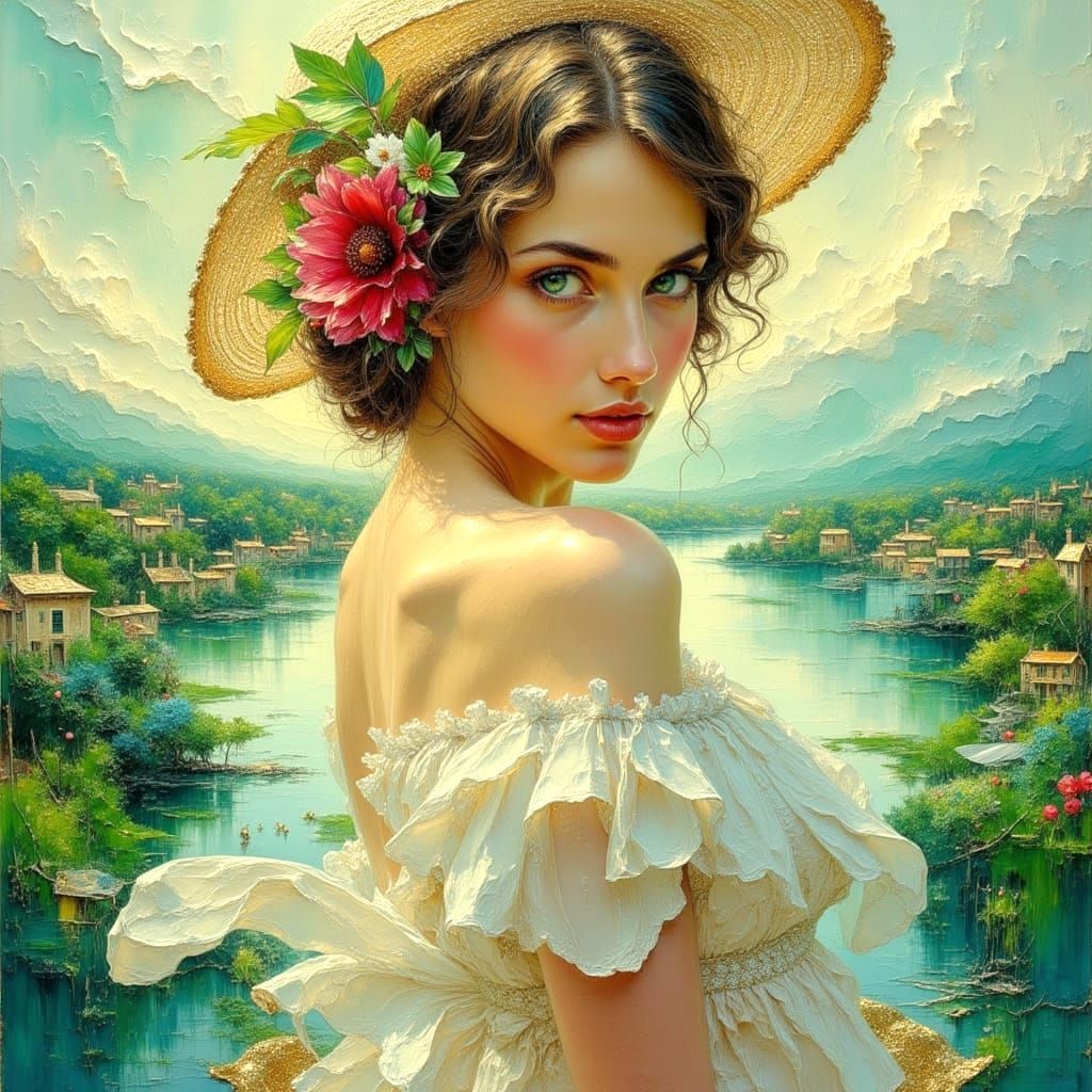 Lovely Woman with Blue-Green Eyes in Oil Painting