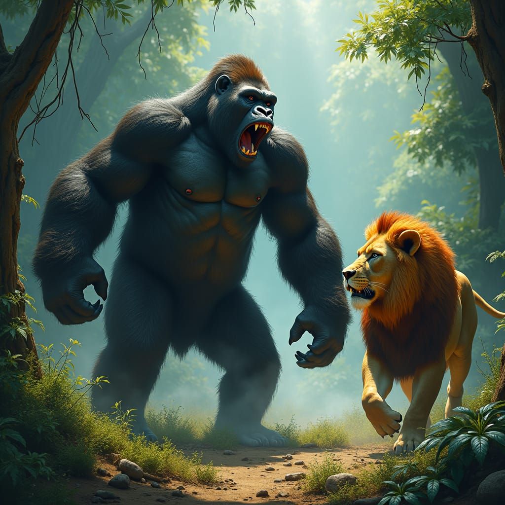 Gorilla's Triumph: Lions Clash in Mystical Jungle