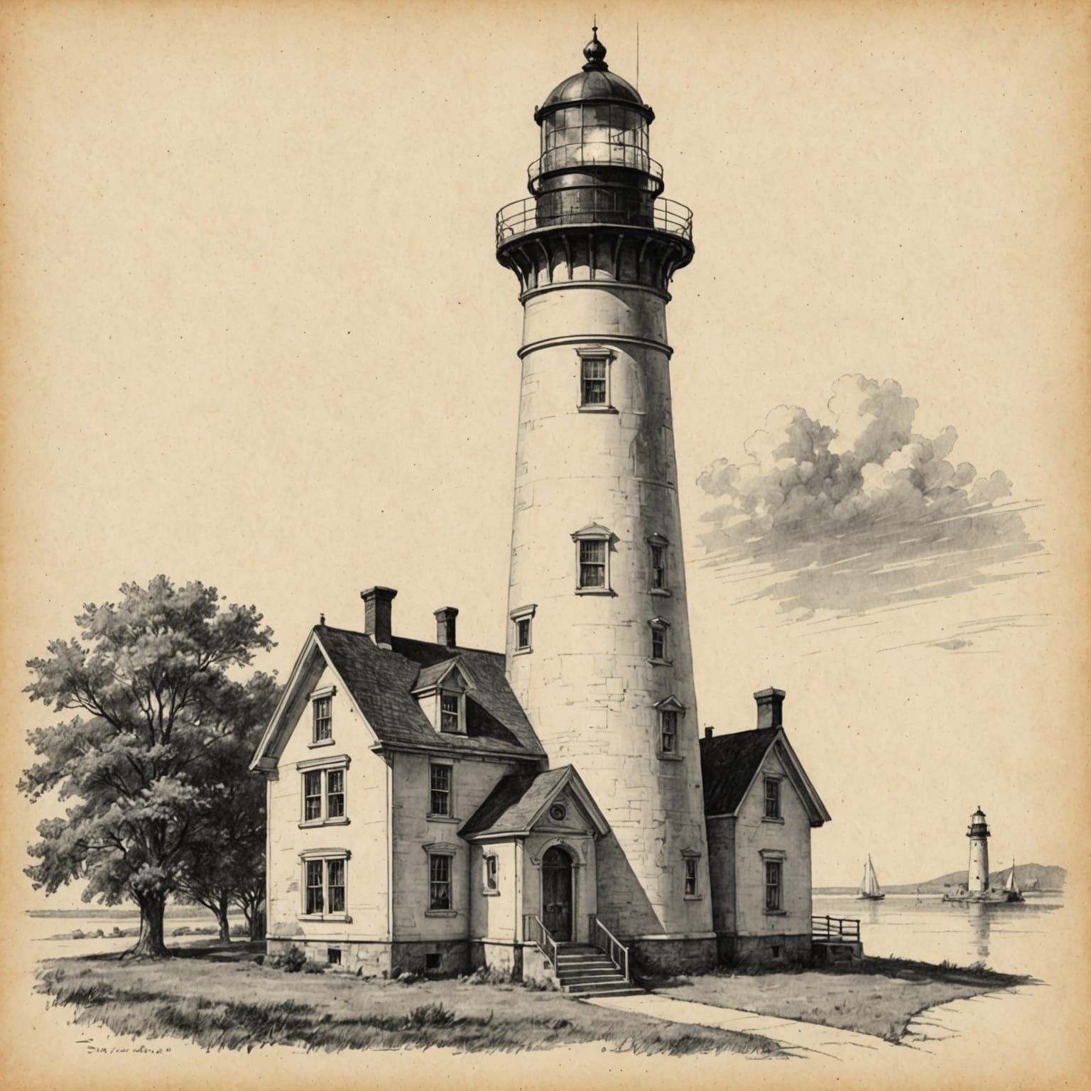 Vintage Architectural Pencil Sketch of Lighthouse
