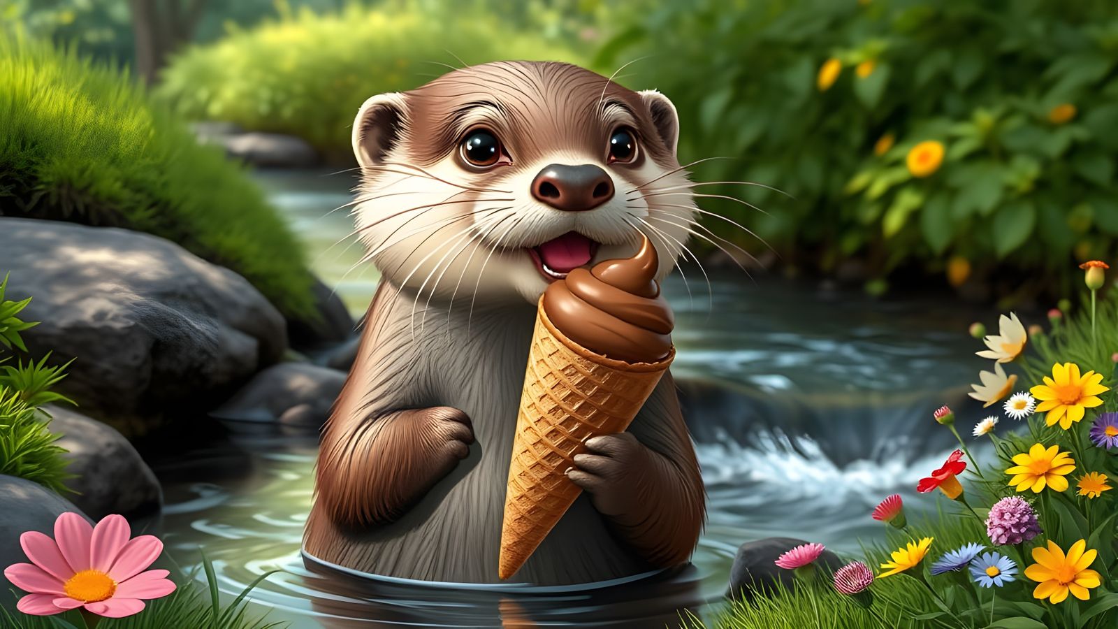 Cute Baby Otter Enjoying Chocolate Ice Cream in a Lush Fores...