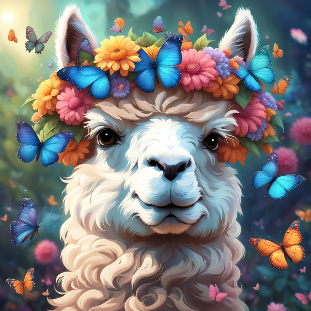 Alpaca in Flower Crown Portrait, Detailed Digital Art