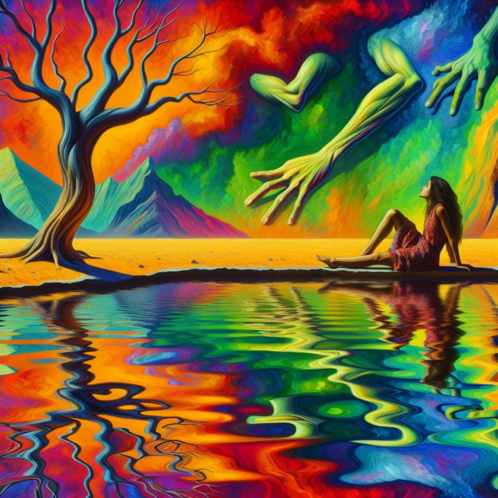 Woman Sees Reflection in Alien Lake, Dali-Inspired