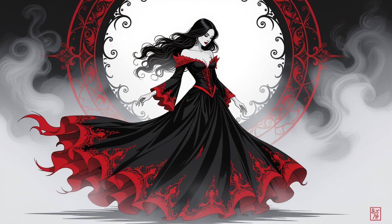 Gothic Woman Dancing in Mist, Dark Romanticism Art