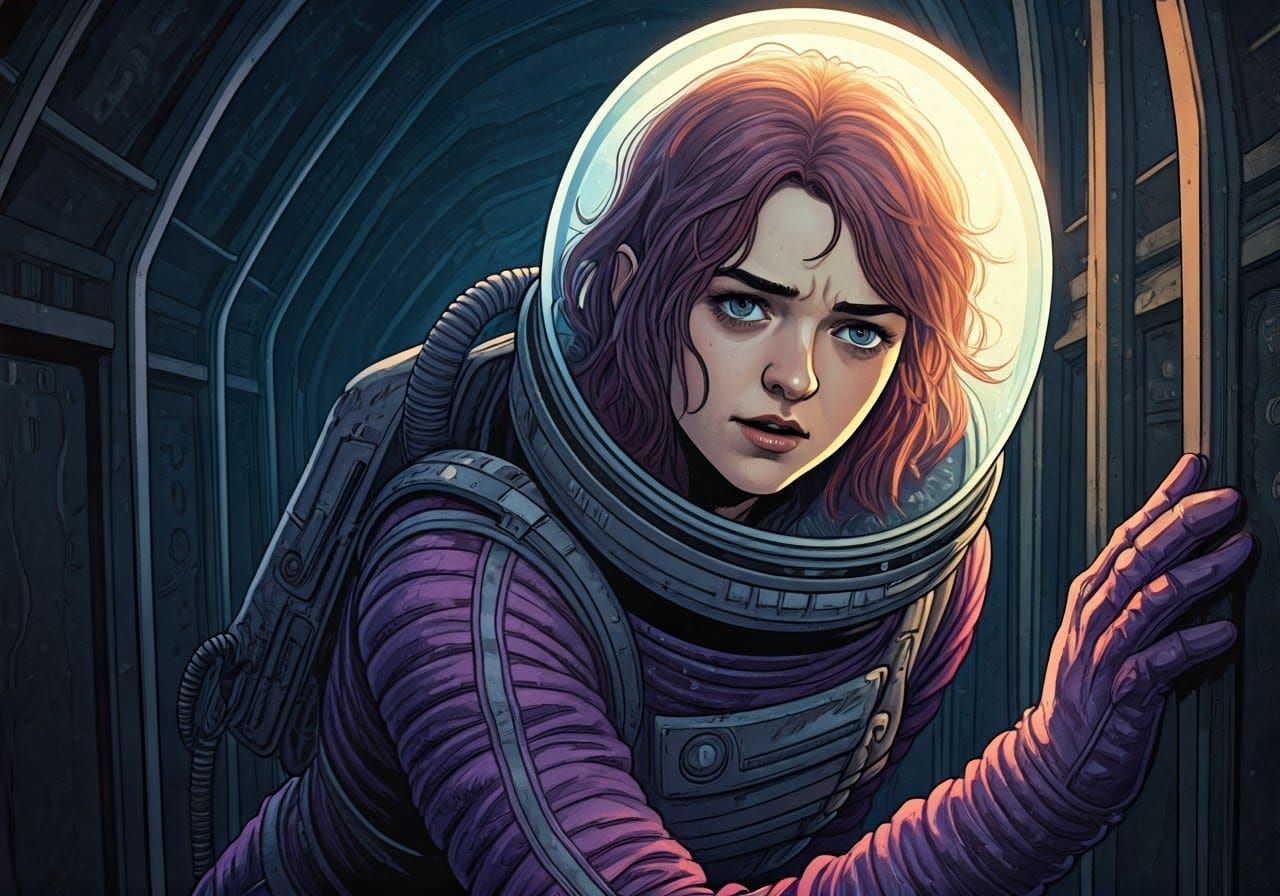 Ashildr in Purple Spacesuit, Dark Metallic Corridor