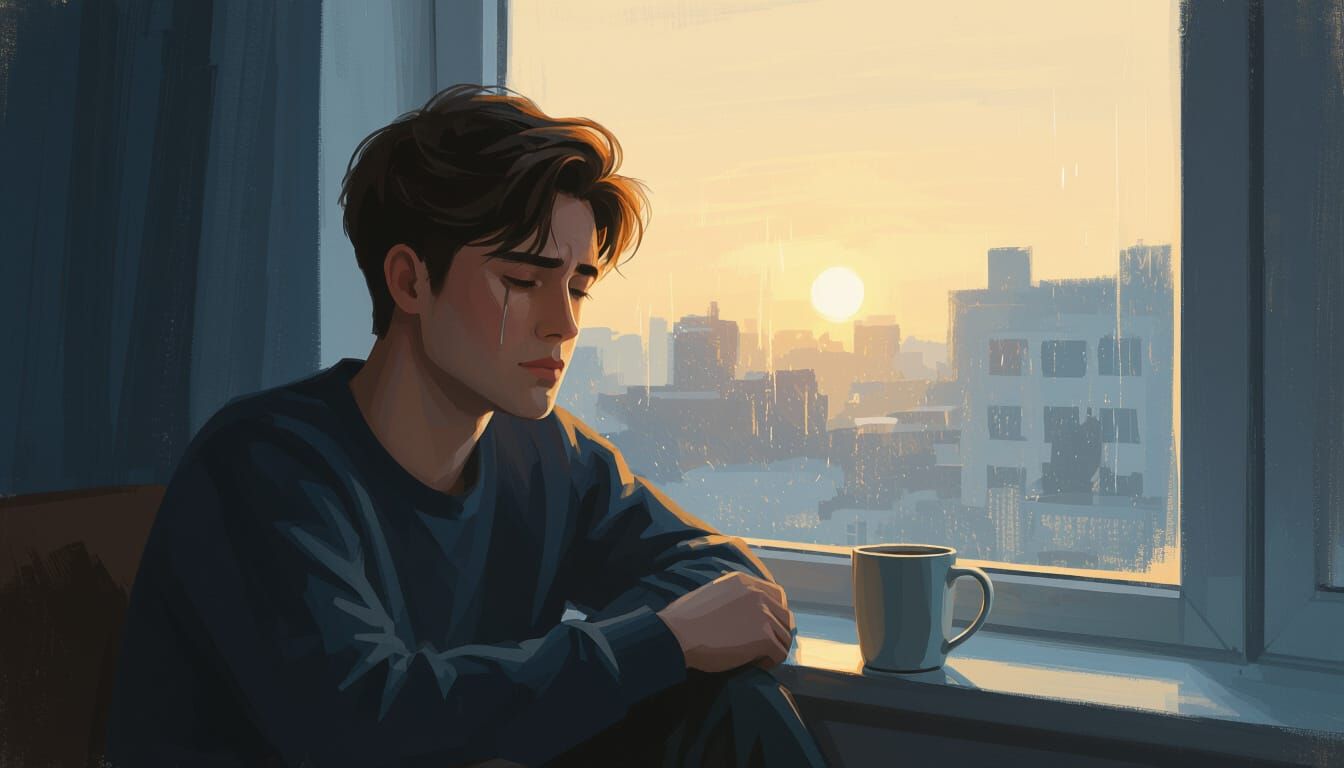 Man by Window at Dawn, Quiet Strength in Oil Paint Style