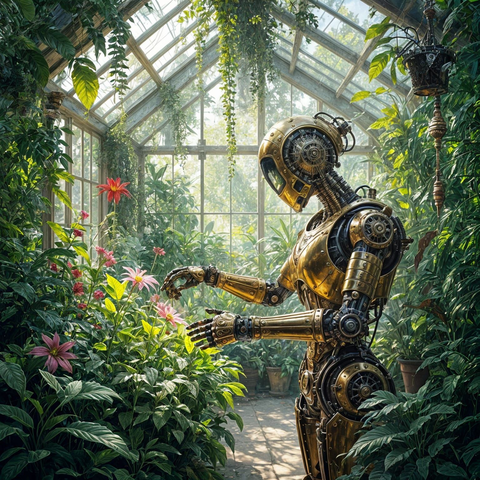 Steampunk Automaton Tends Glowing Greenhouse