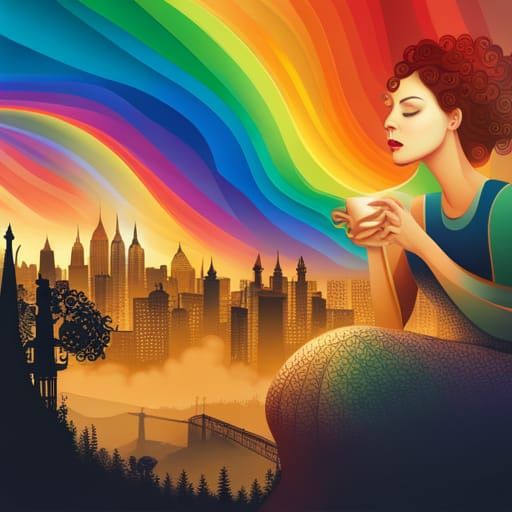 Rainbow Mist Cityscape with Abstract Fractal Design