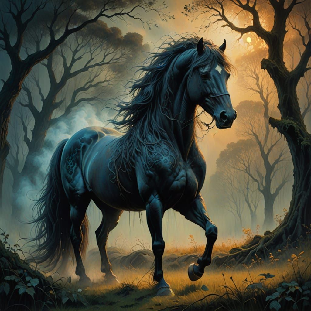 Oil painting. A majestic horse with an ethereal mane made of...