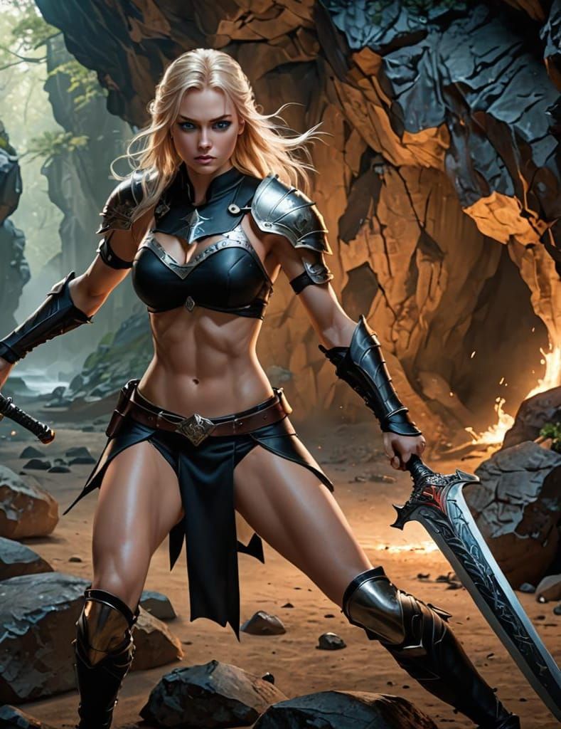 Female Warrior in Dark Dungeon, Epic Fantasy Art