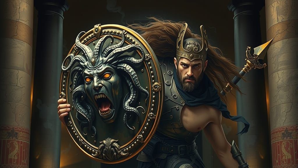 Ancient Greek Hero Perseus Confronts Medusa in a Dramatic, D...
