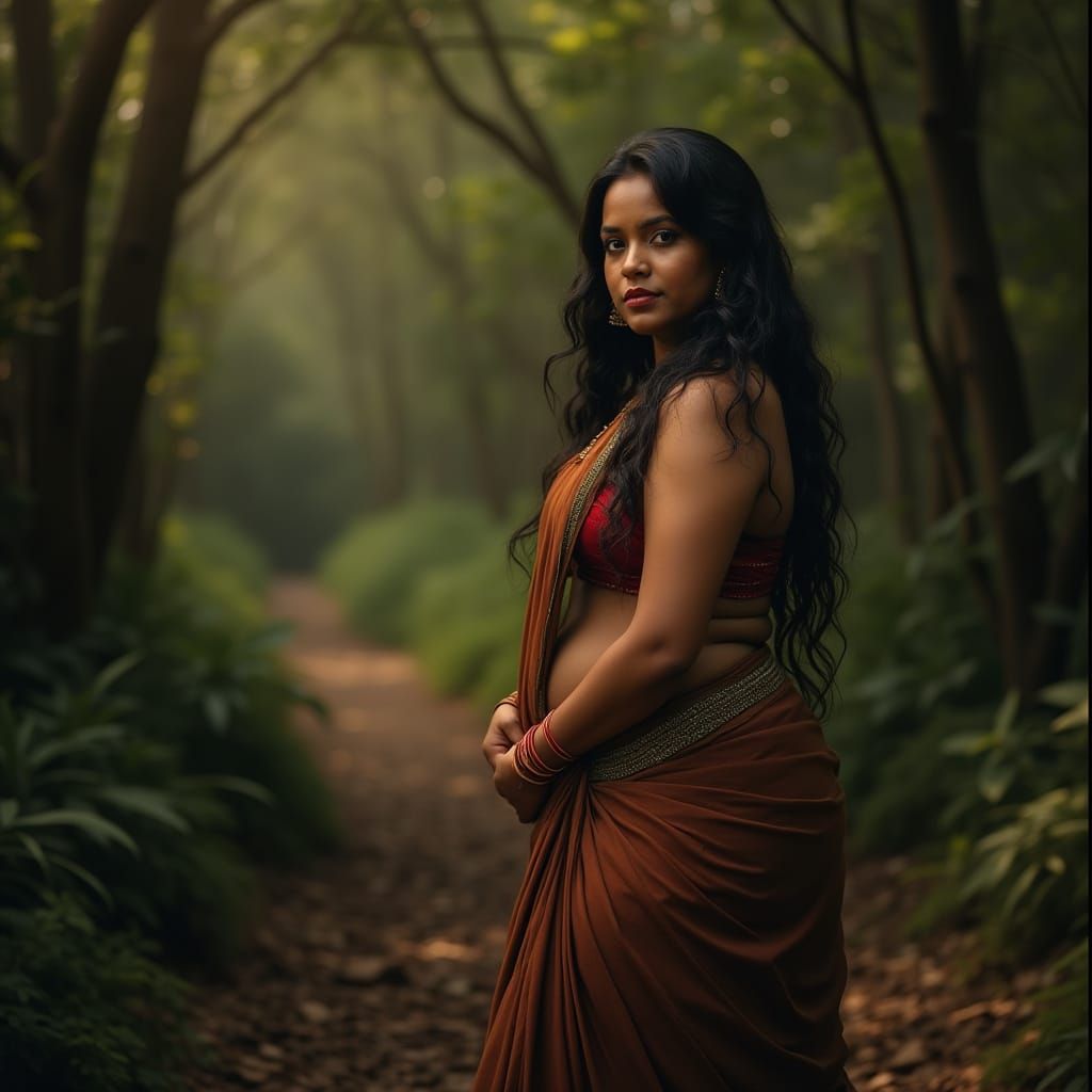 Confident Indian Beauty in Lush Forest