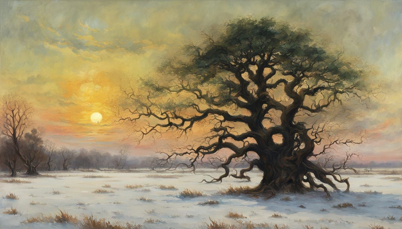 Majestic Winter Landscape with Dying Tree