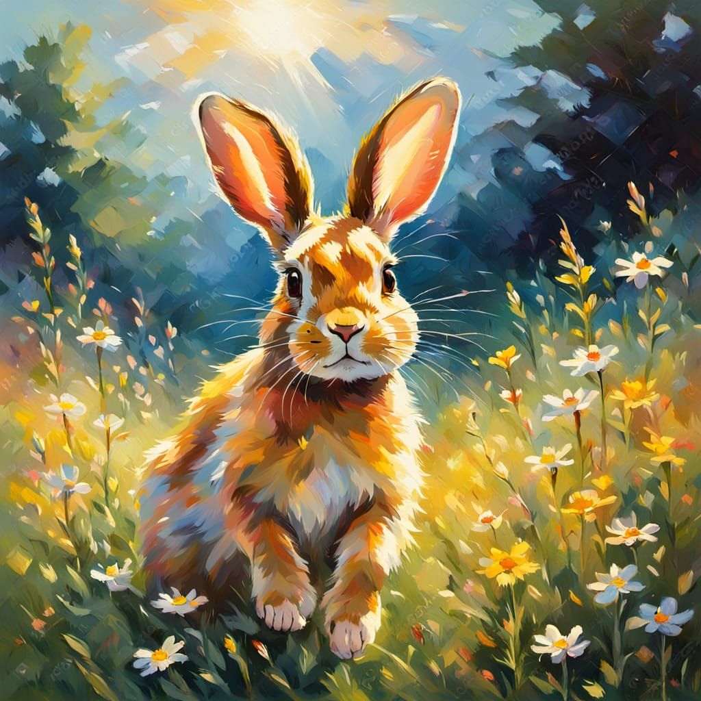 Impressionist Glowing Rabbit in Wildflower Meadow