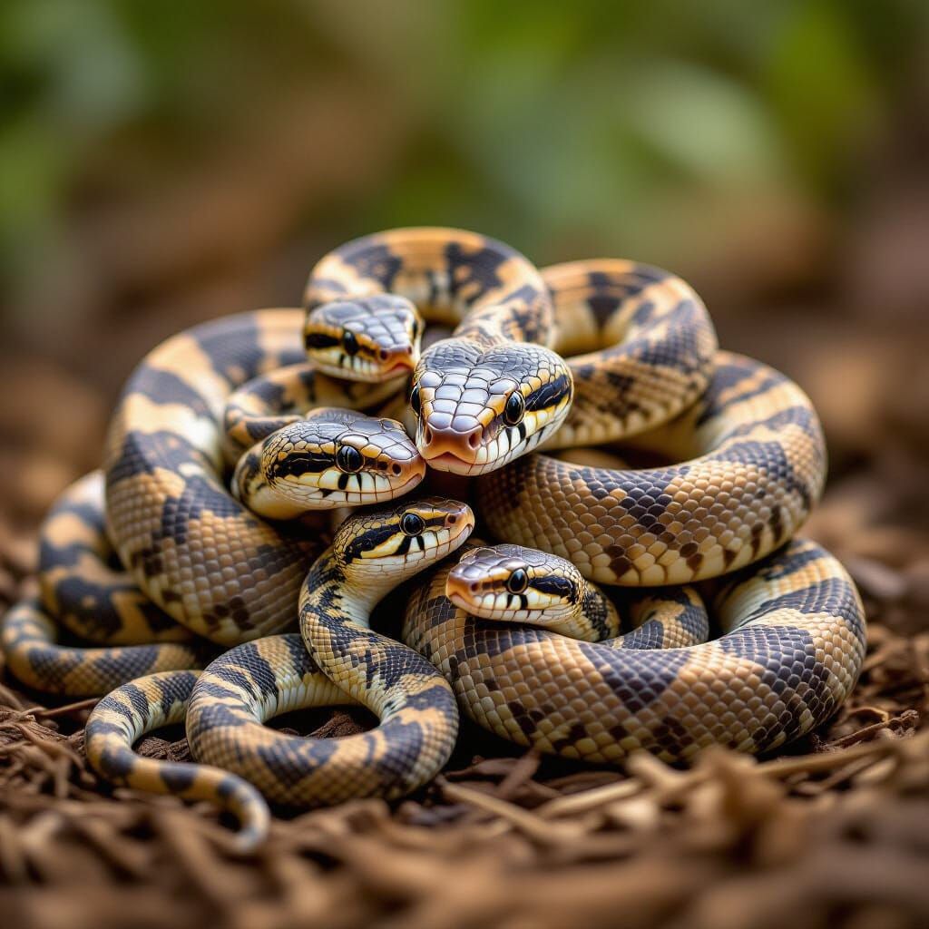 Mother Snake Cares for Baby Snakes in Warm, Natural Lighting
