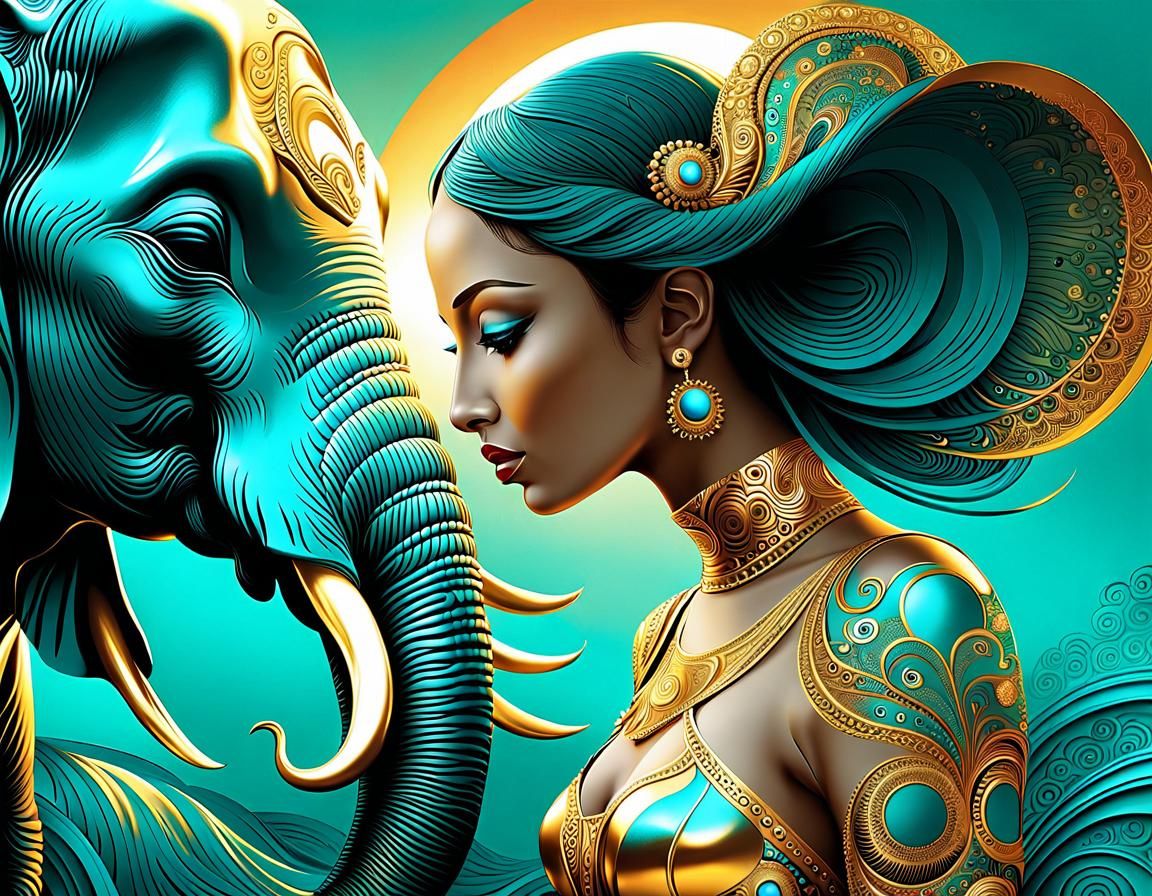 Woman and Elephant in Gold and Turquoise Sunset