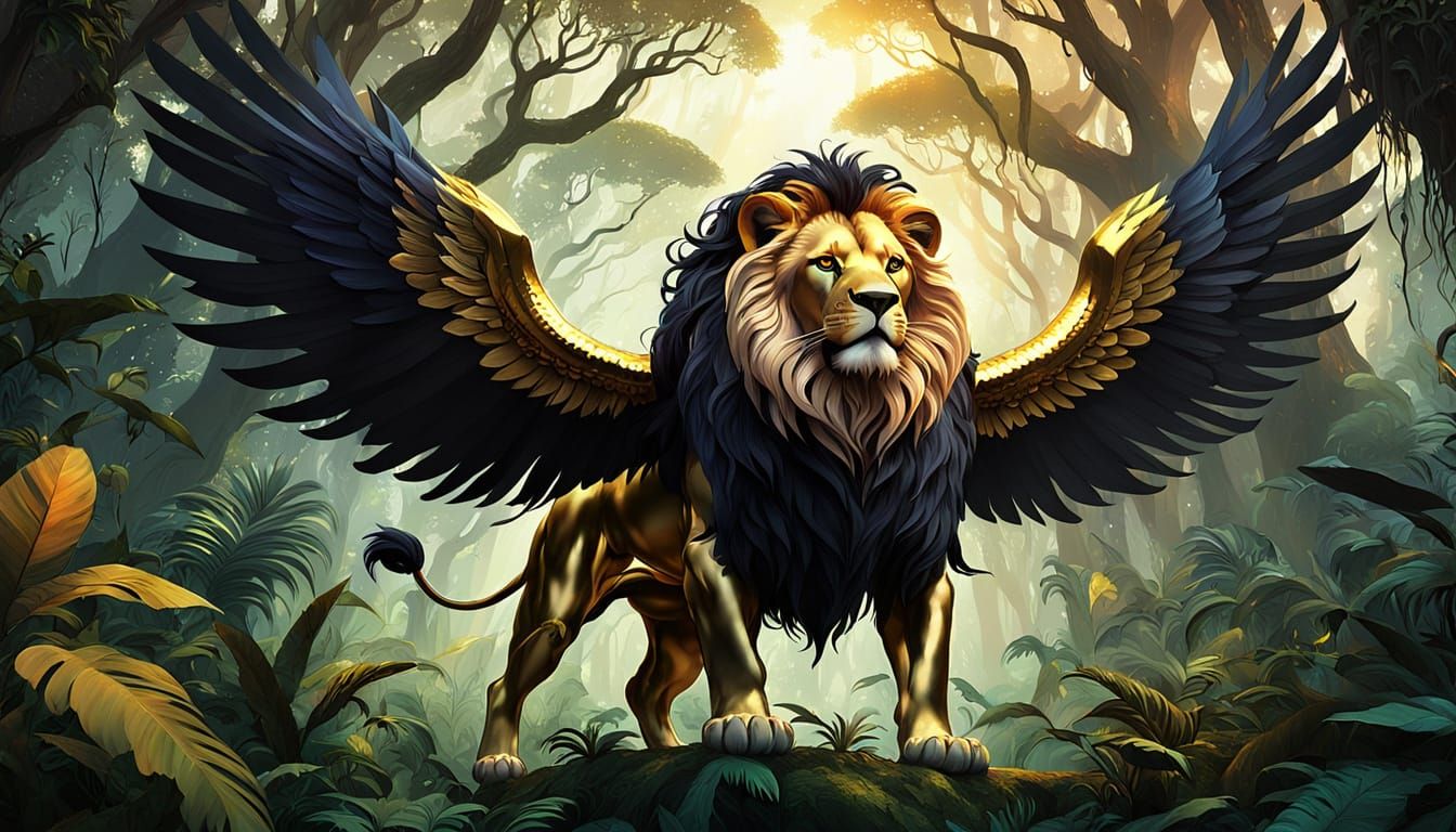 Majestic Winged Lion in Surreal Fantasy Jungle