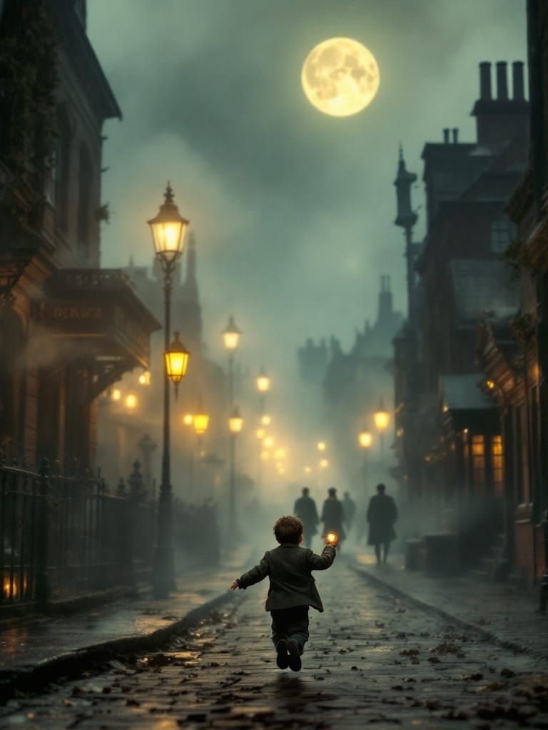 Orphan's Joy: 19th Century Street Scene in Concept Art Style