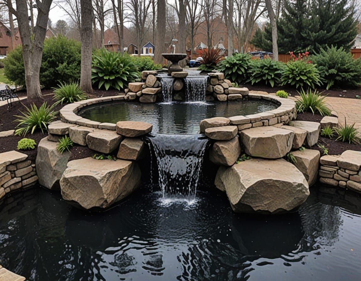 Serene Water Feature in a Lush Garden