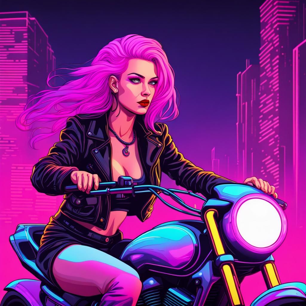 Pink-Haired Woman on High-Tech Motorcycle: Synthwave Neon