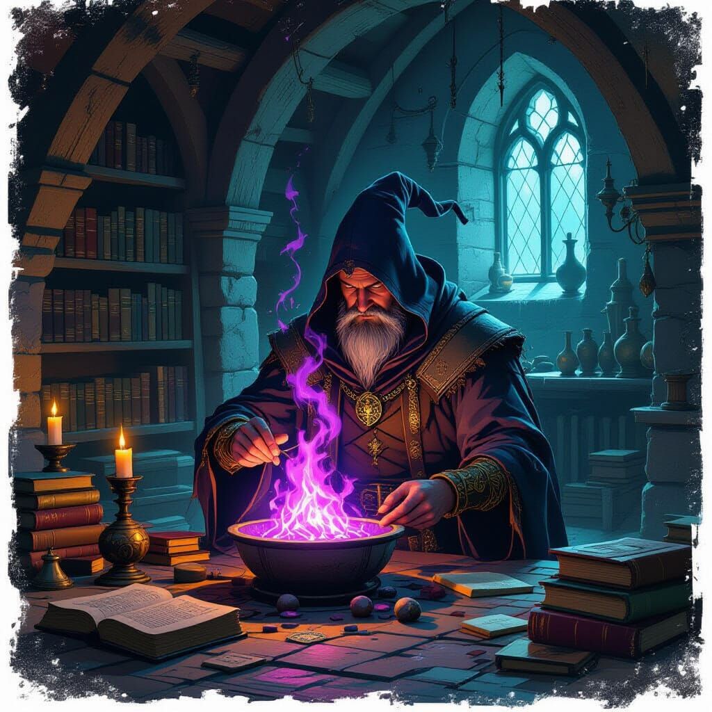Alchemist Tending Violet Fire in Medieval Chamber