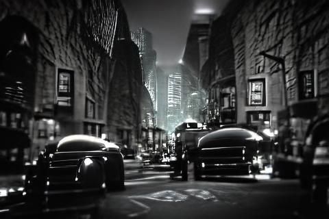 Futuristic New York City Street in Film Noir Style