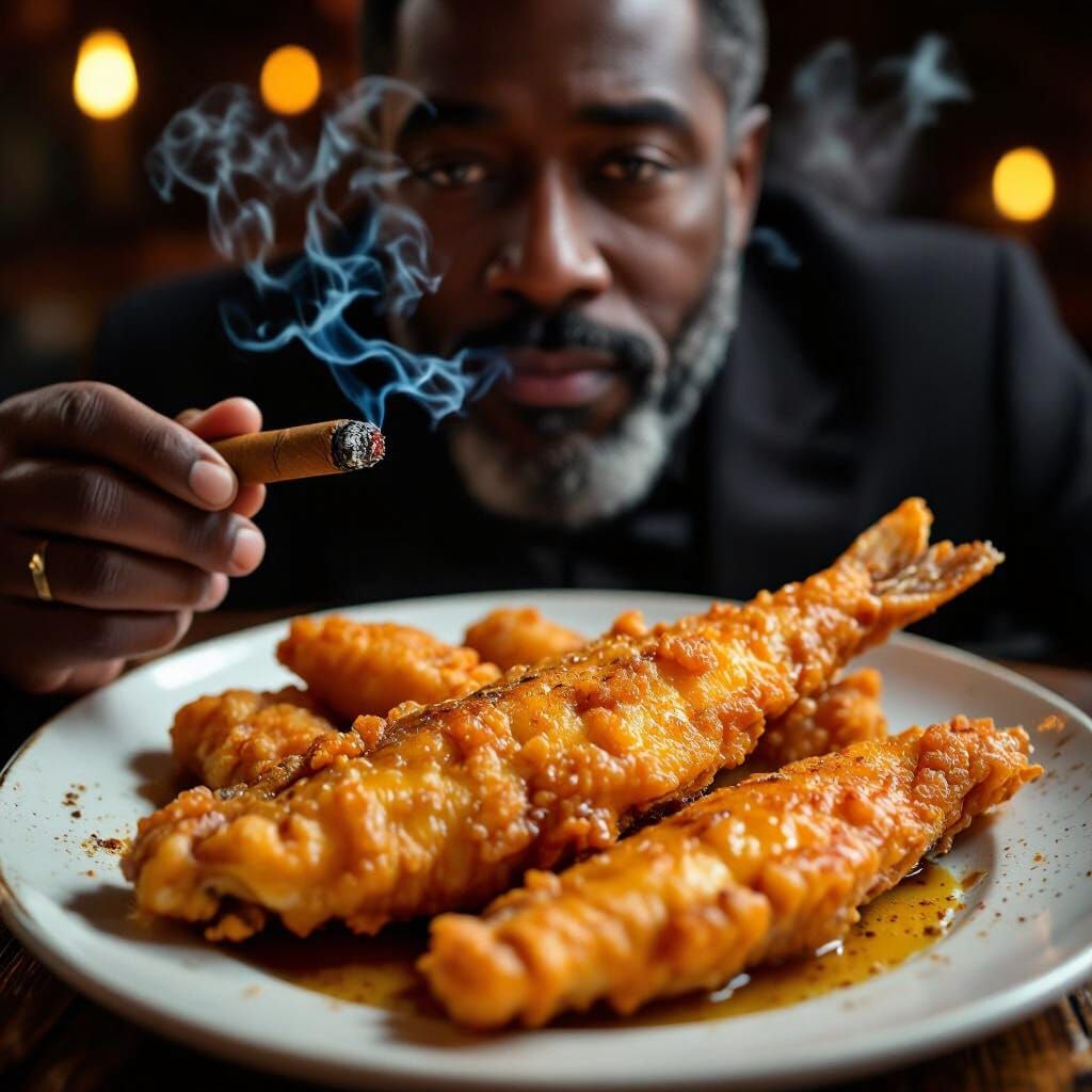 Photorealistic Deep Fried Fish and Cigar Smoking Man