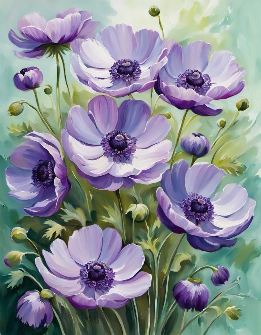 Impressionist Painting of Violet Anemones on Green Backgroun...