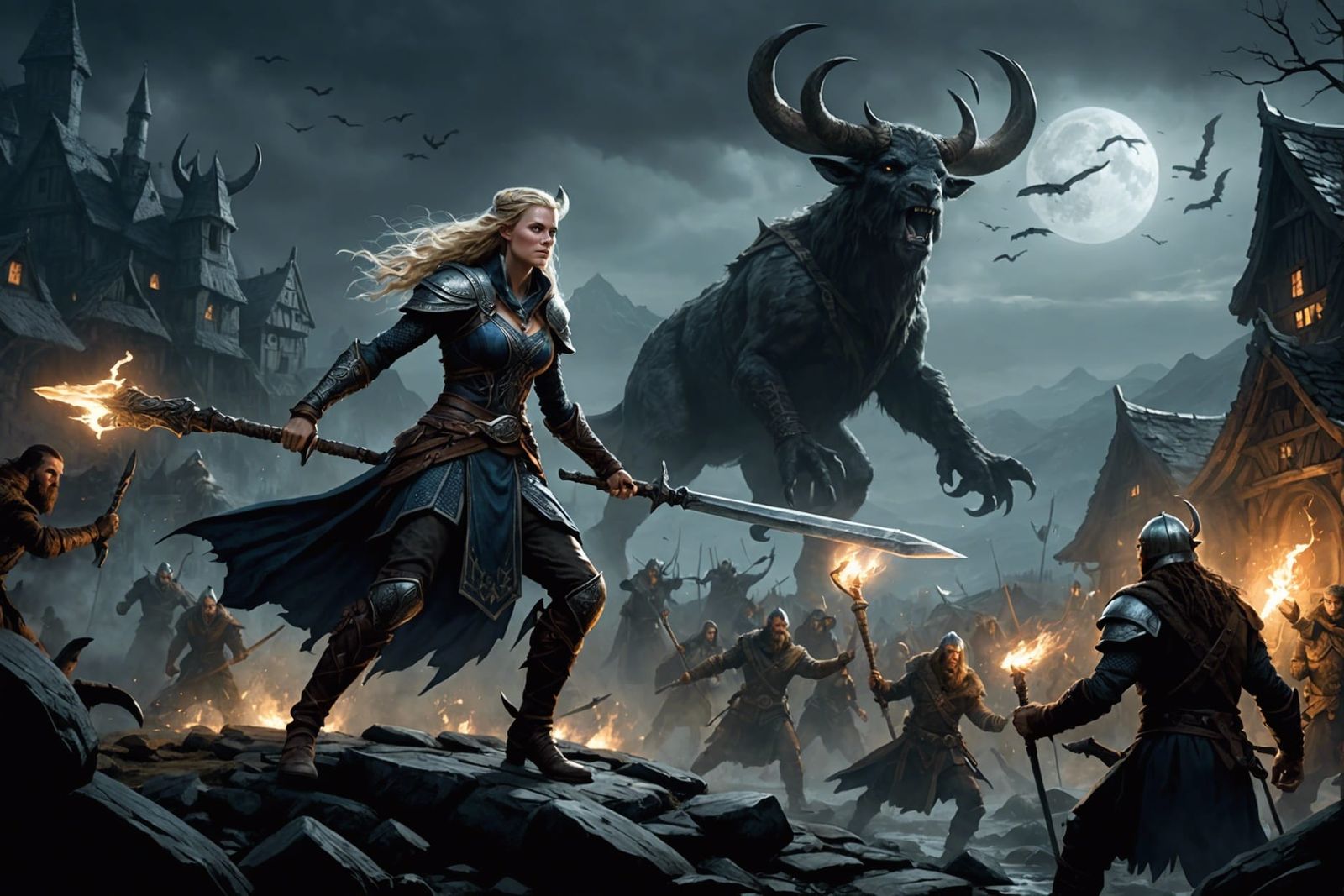 Viking Sorceress Defends Village at Night