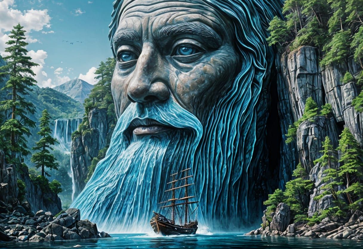 Surreal Waterfall Mountain with Ship on Lake